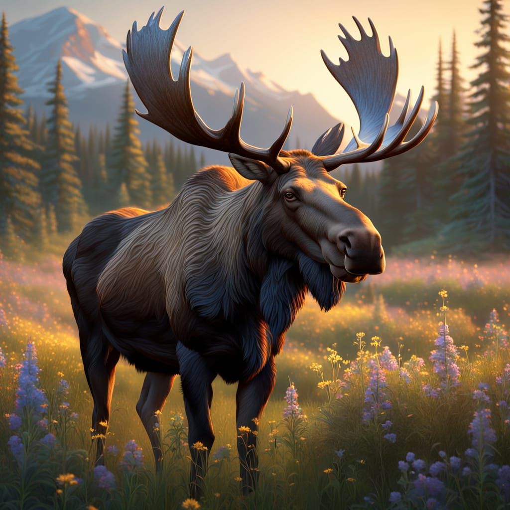 Majestic Moose with Glowing Flowers: Impressionist Digital P...