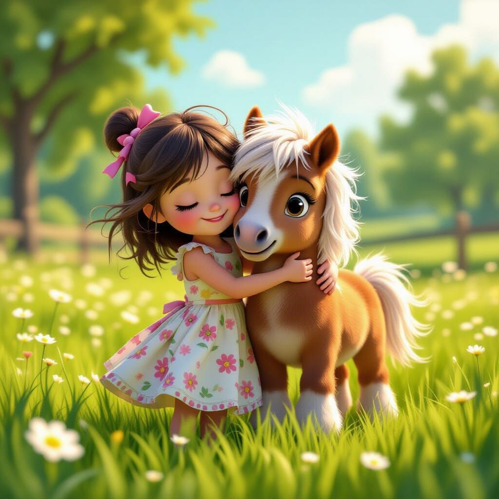 Girl Hugging Pony in Pixar-Style Digital Art