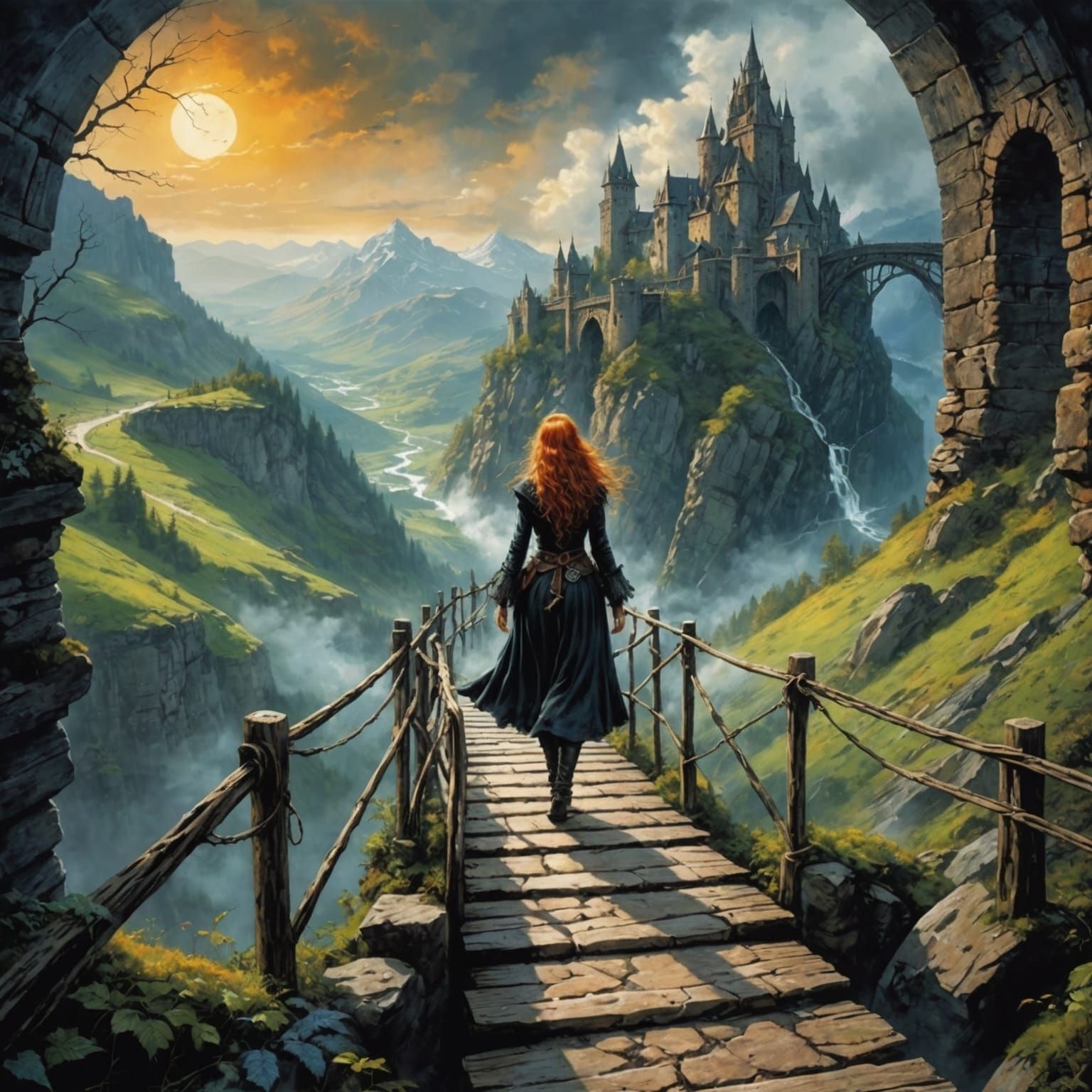 Ginger Witch on Magic Bridge in Dark Fantasy Style