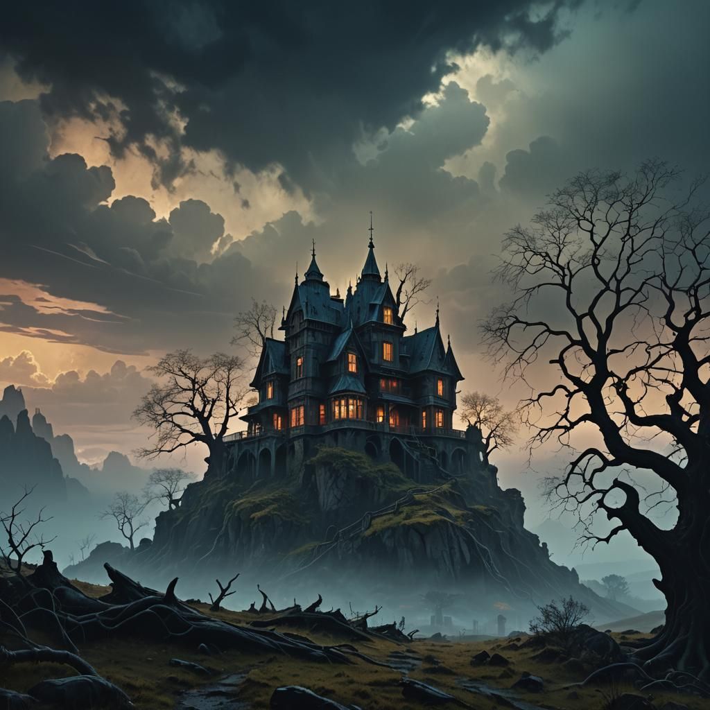 Eerie Mansion on Haunted Hills, Digital Art