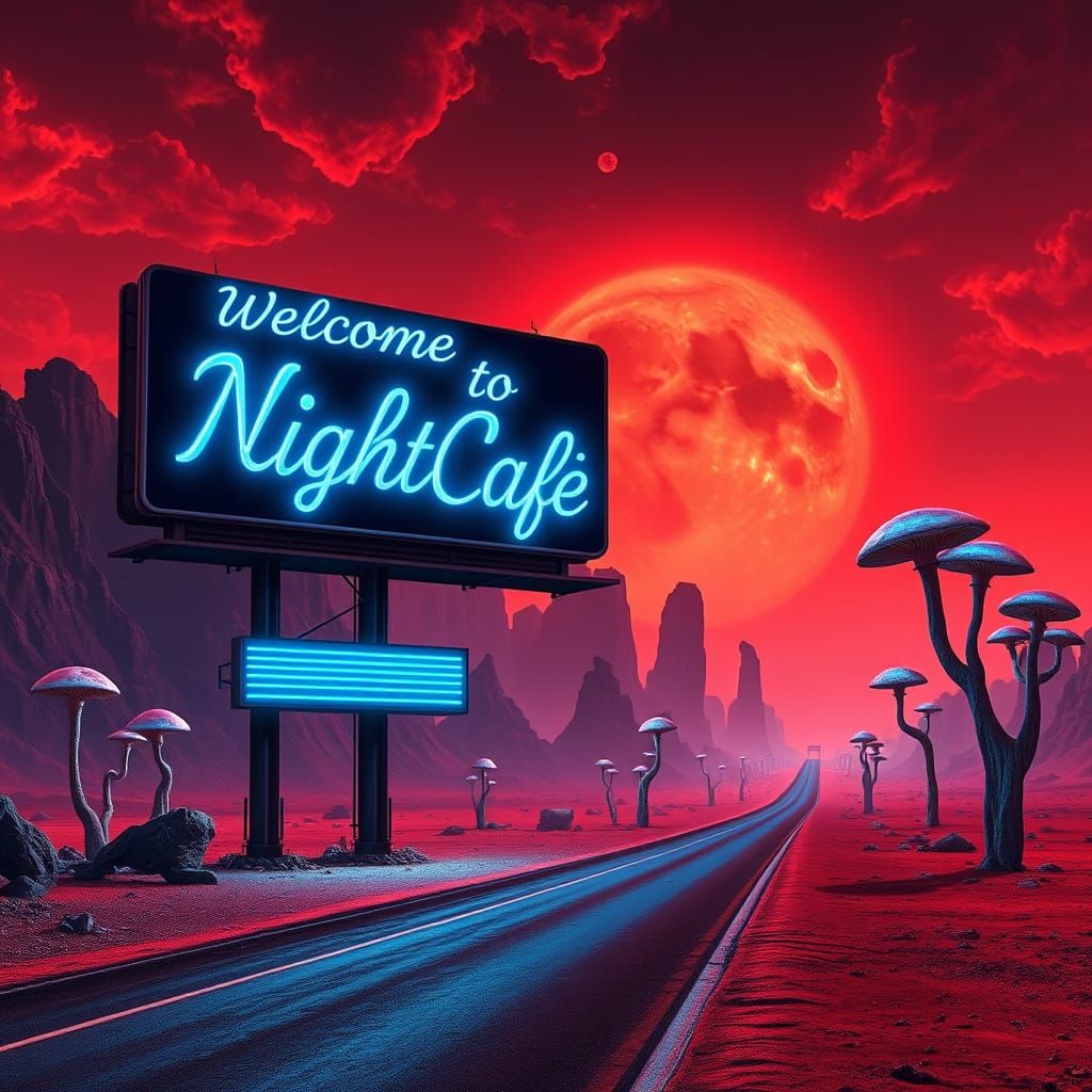 Ethereal Roadside Billboard in a Surreal Alien Landscape