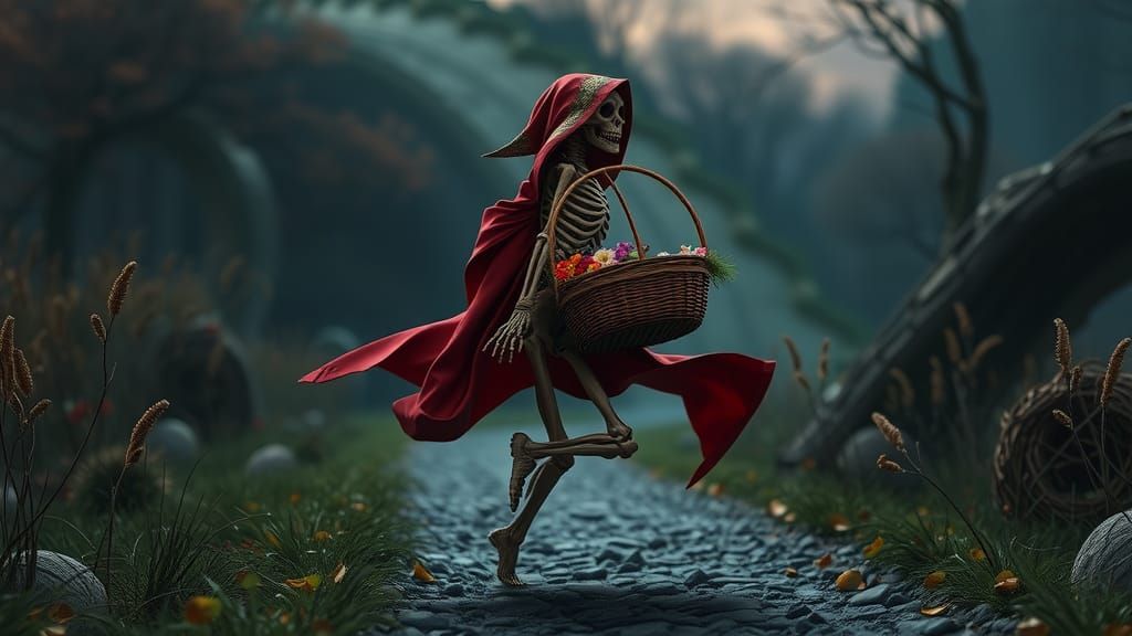 A skeleton seen running down a winding path wearing a Red Riding Hood, but who could it be? No hints.