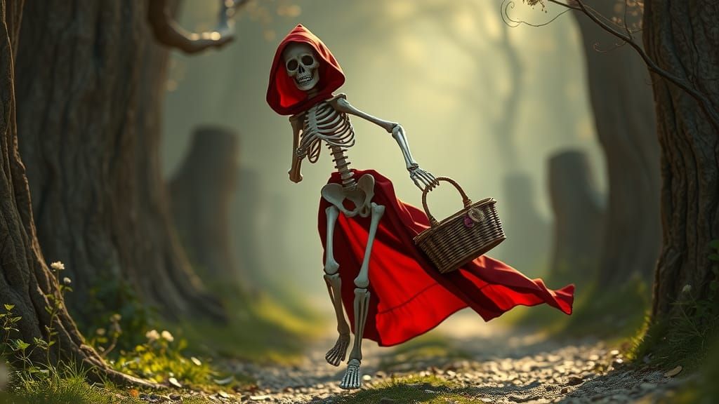 A skeleton seen running down a winding path wearing a Red Riding Hood, but who could it be? No hints.