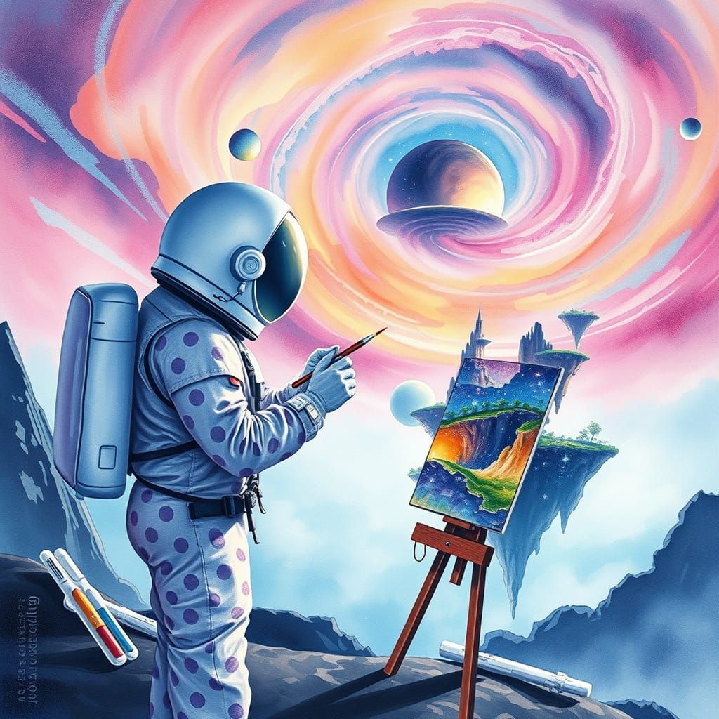 Astronaut Paints Alien Landscape in Watercolor