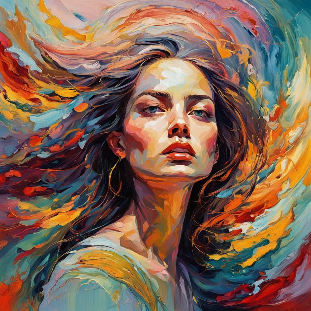 Surreal Oil Painting of Powerful Fierce Beauty in a Whirlwin...
