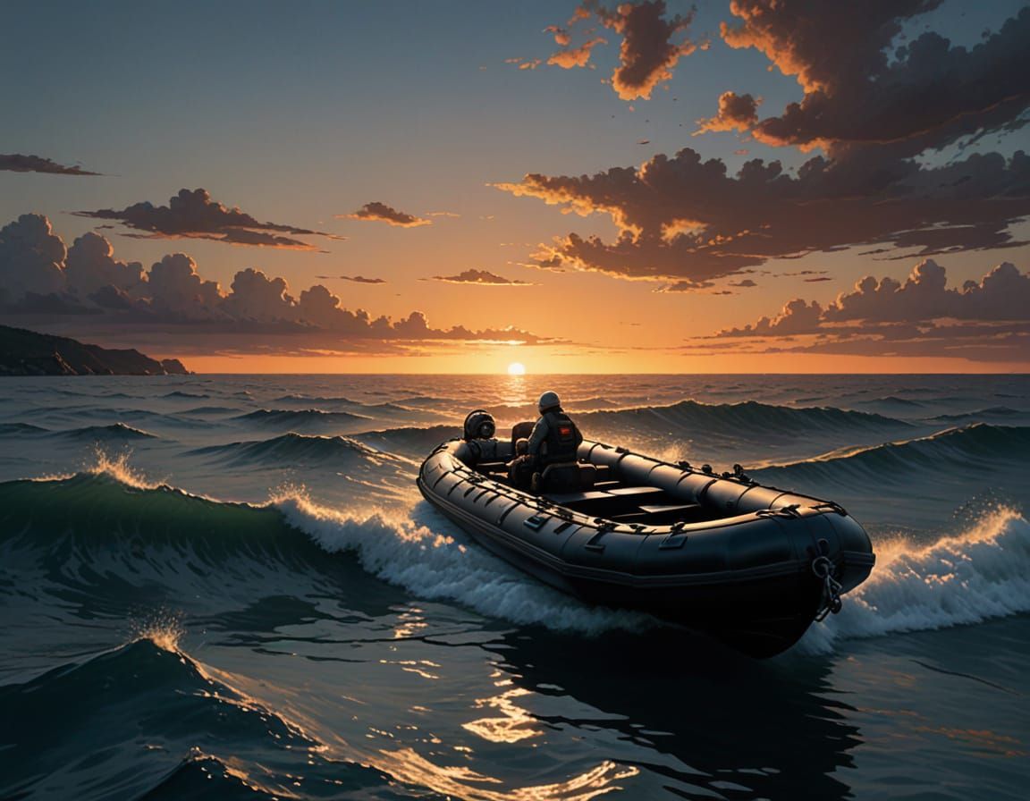 Giant Inflatable Boat on Ominous Sea at Sunset