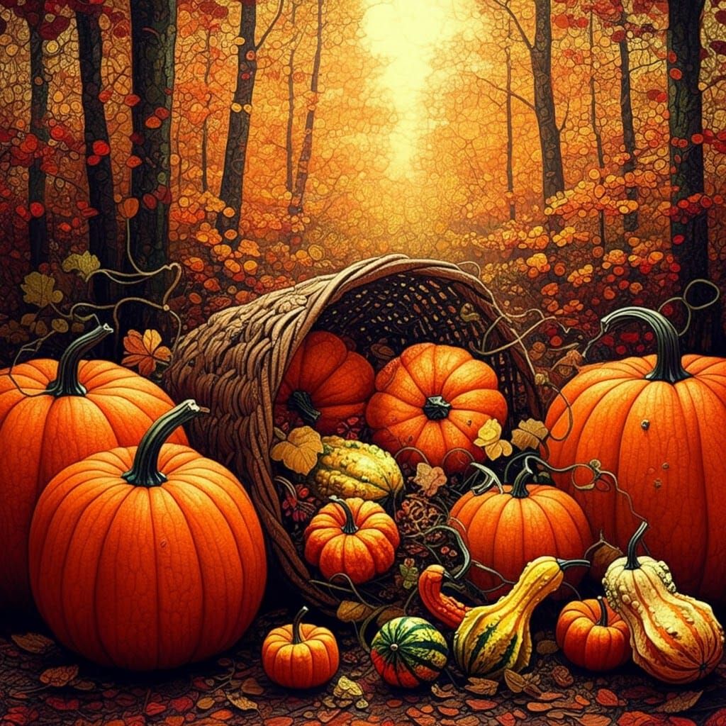 Autumnal Harvest Cornucopia in Pointillist Style