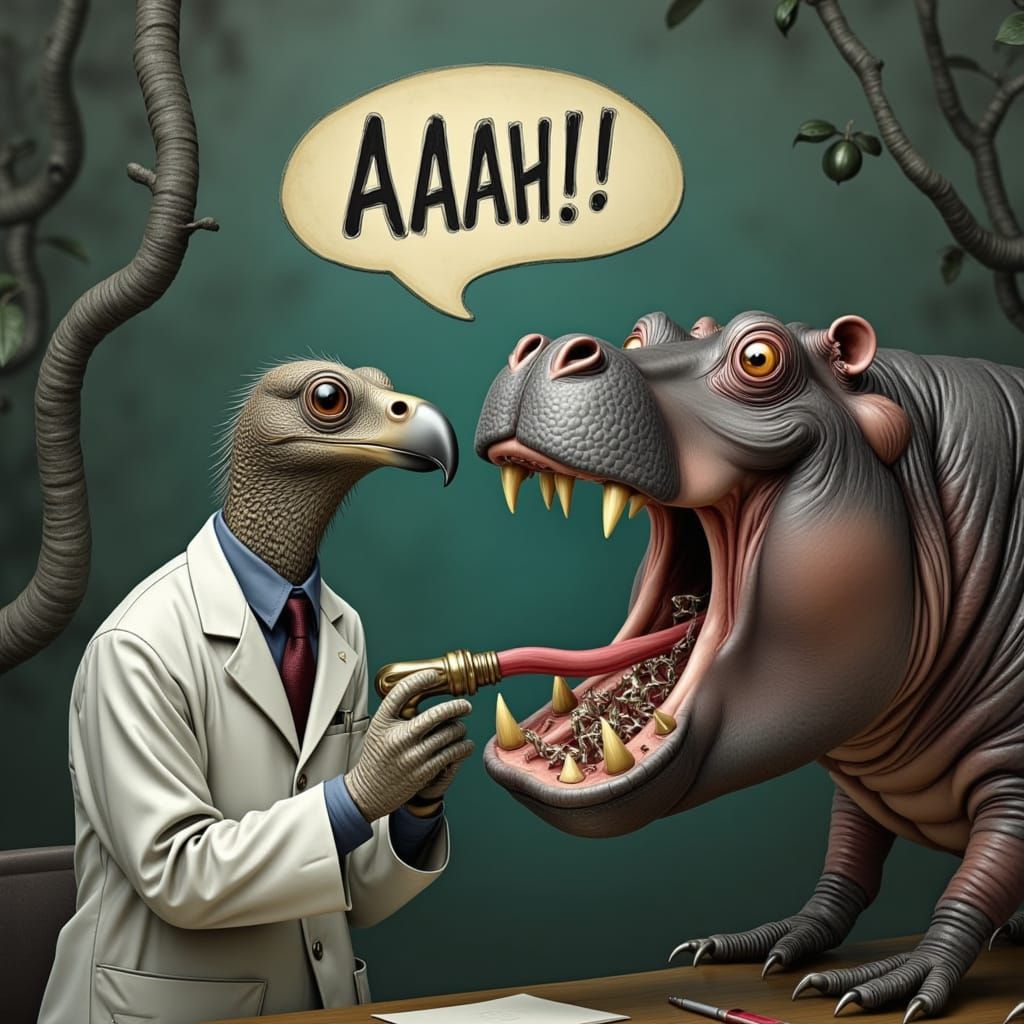 Surreal Jungle Dentist Inspects Hippo's Saxophone Teeth