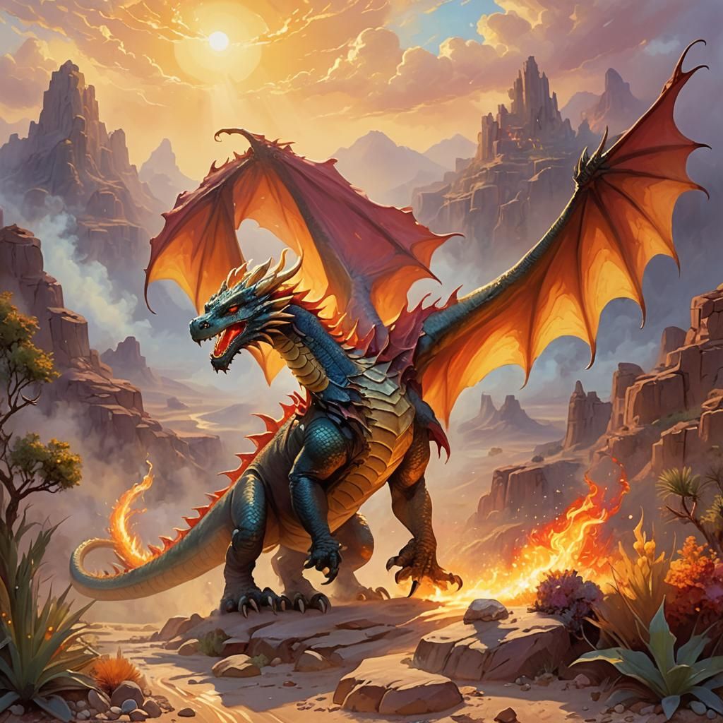 Fiery Dragon Emerges from Desert Oasis as Gouache Painting