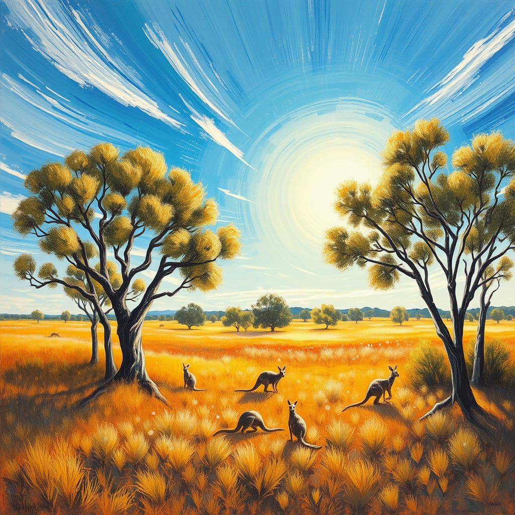 Dreamy Australian Landscape with Grazing Kangaroos