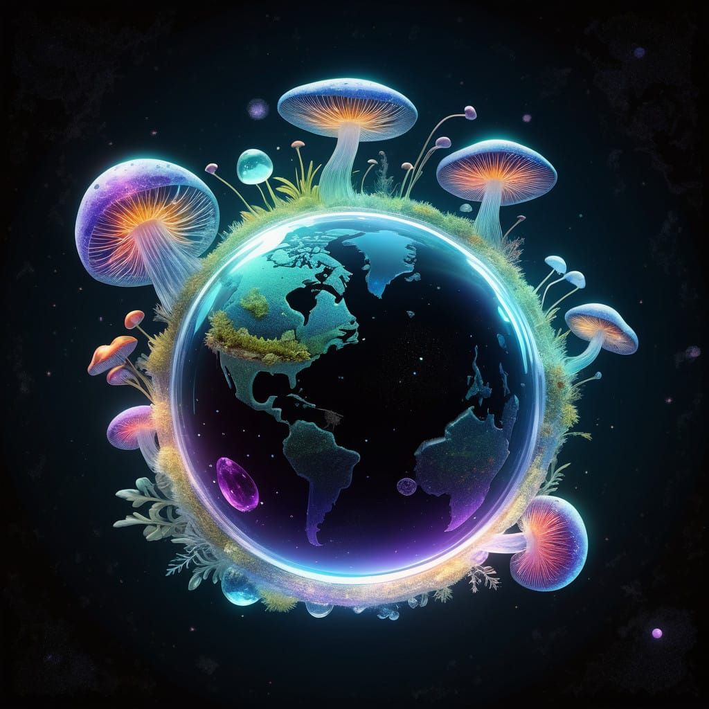 Crystal Glass Planets with Mushrooms in Outer Space