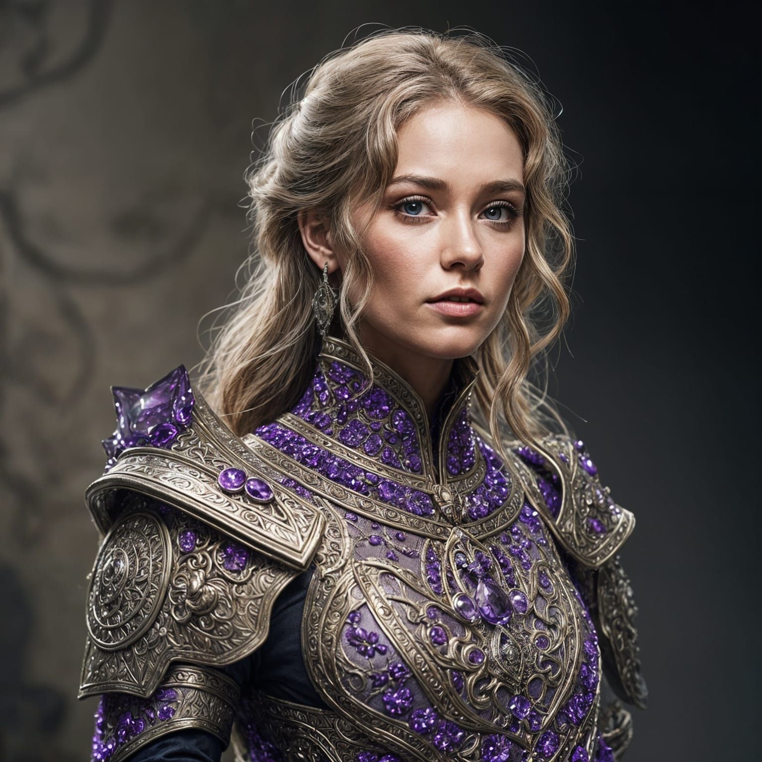 Amethyst Armor Dress Woman in Hyperrealistic Style