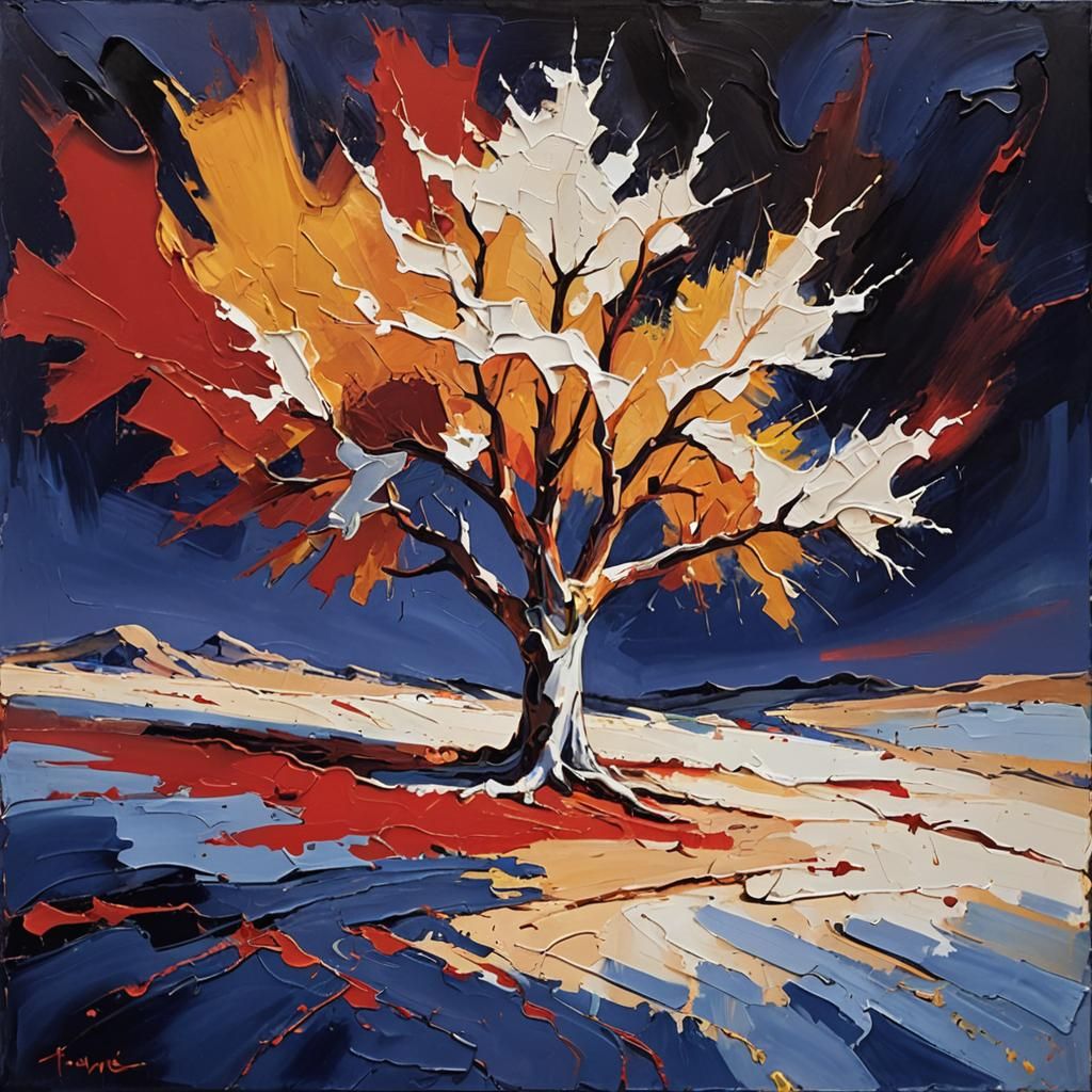 Abstract Expressionism. Vibrant landscape painting, abstract tree stands alone in a white and red desert. Medium shot. T...