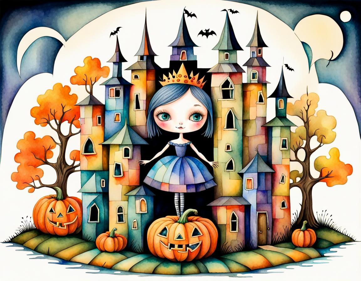 Halloween Princess in Cubist Watercolor Style