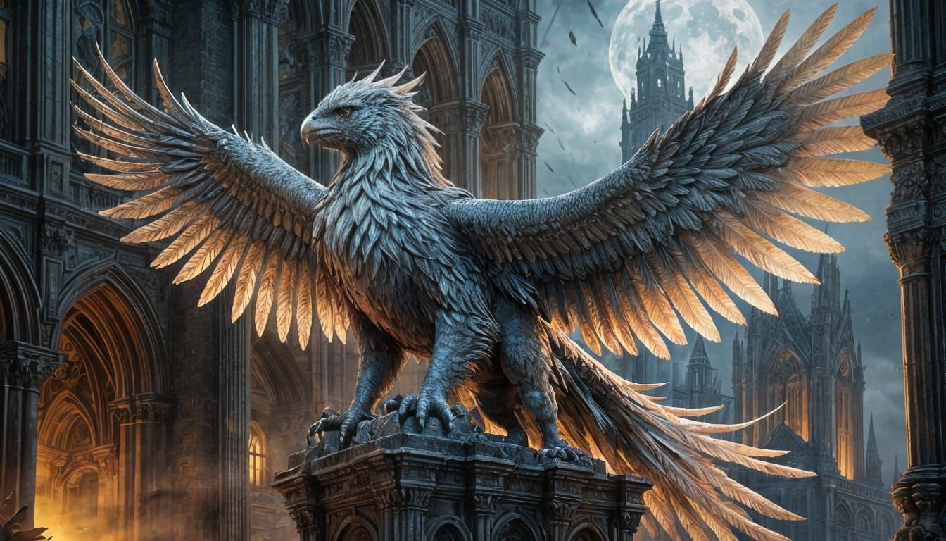 Gothic Griffin Perched Atop Crumbling Cathedral