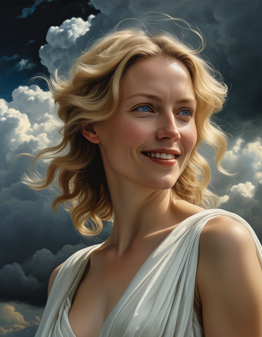 Ethereal Woman in Celestial Clouds, Oil Painting Style