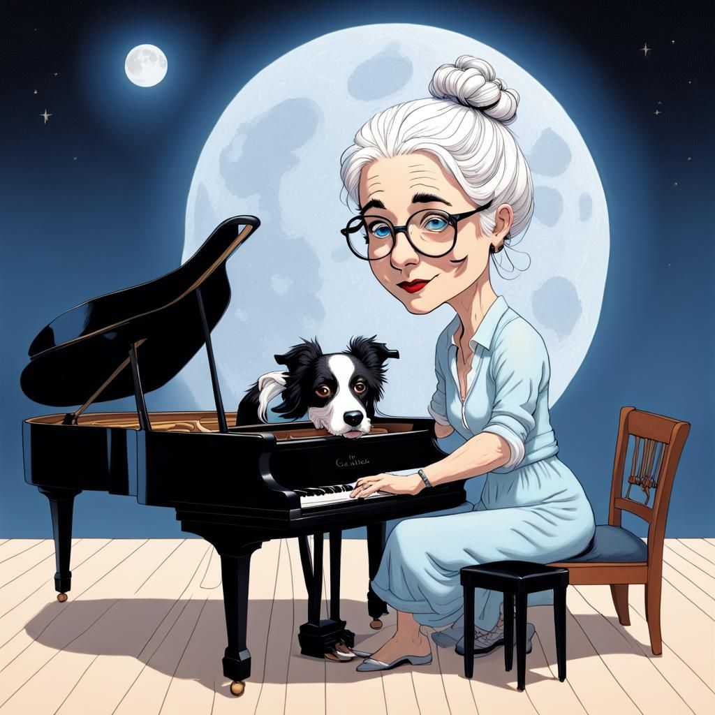 Ligne Claire Portrait: Woman Plays Piano by Moonlight