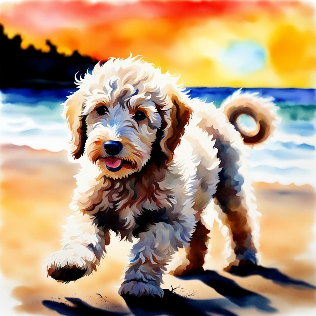 Watercolor Labradoodle Puppy on a Sunny Beach