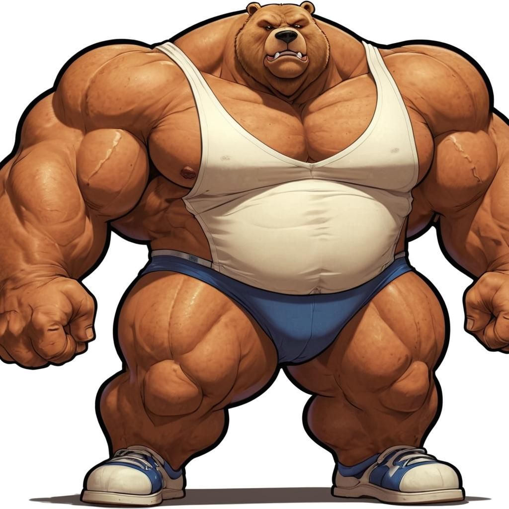 Animated Portrait: Hulking Bear Weightlifter Flexing Muscles