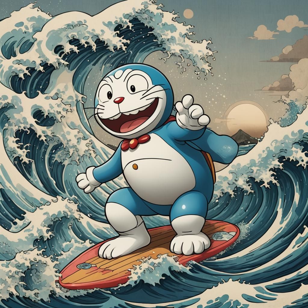 Doraemon Rides the Great Wave: Ukiyo-e Style