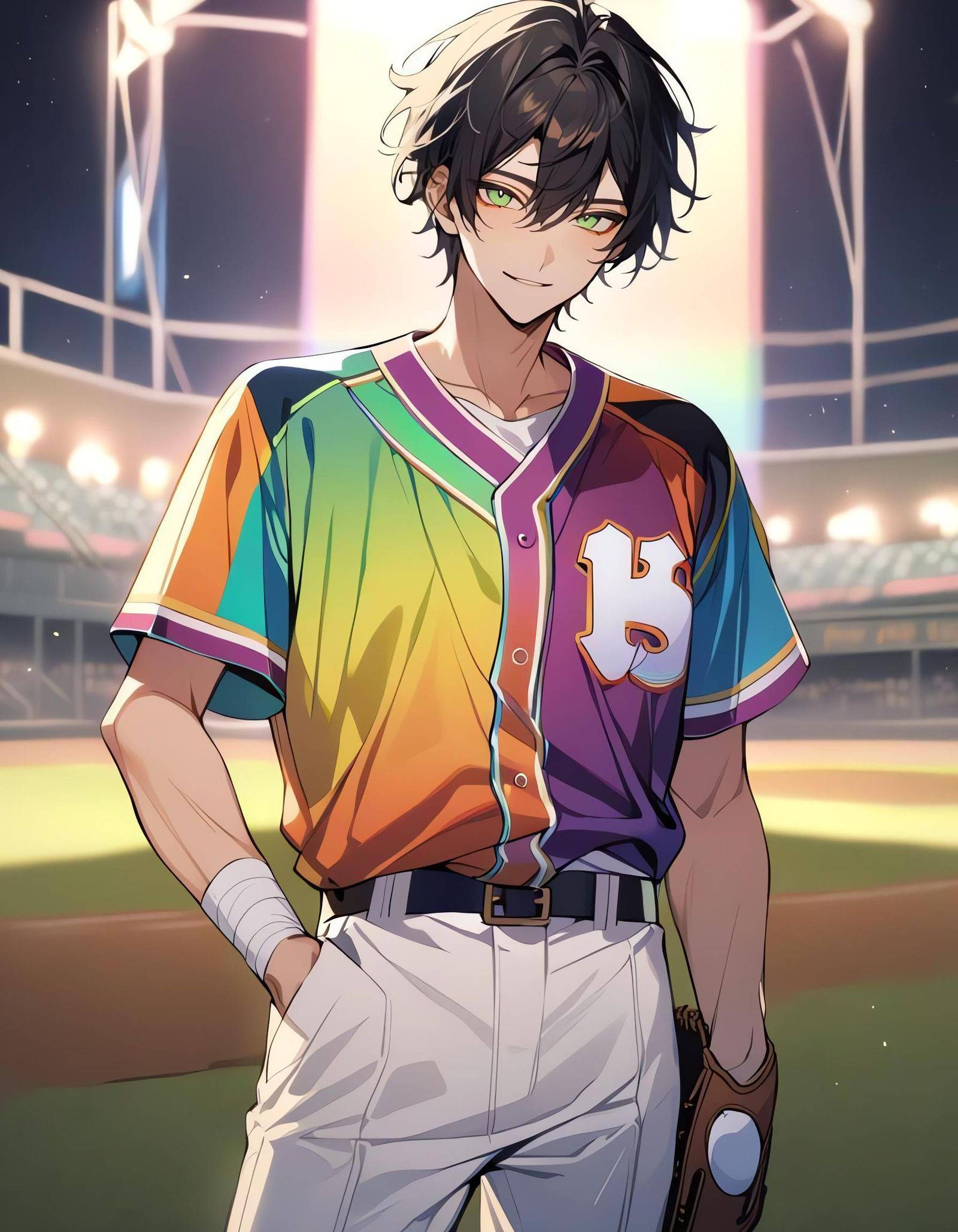 Bishounen in Rainbow Softball Uniform at Night