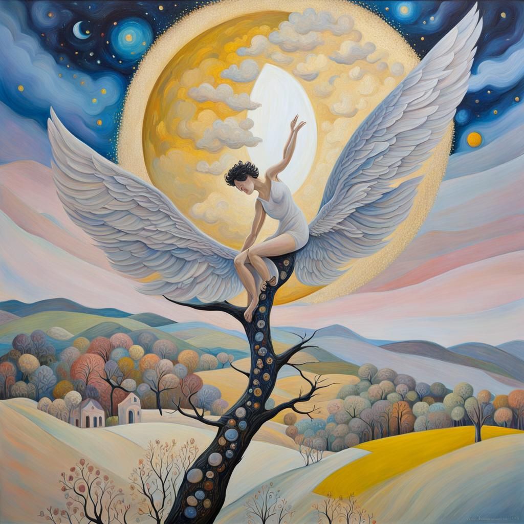 Cosmic Dreamscape: Colorful Character Flying to the Moon