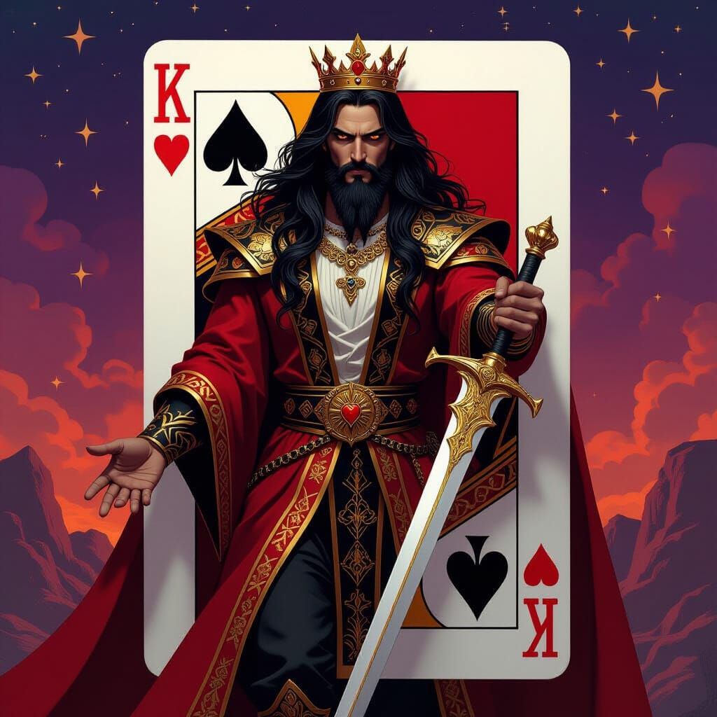 King of Hearts Emerges From Playing Card in Fantasy Art Styl...