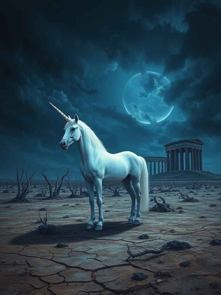 Opalescent Unicorn in Dystopian Landscape, Moody Illustratio...