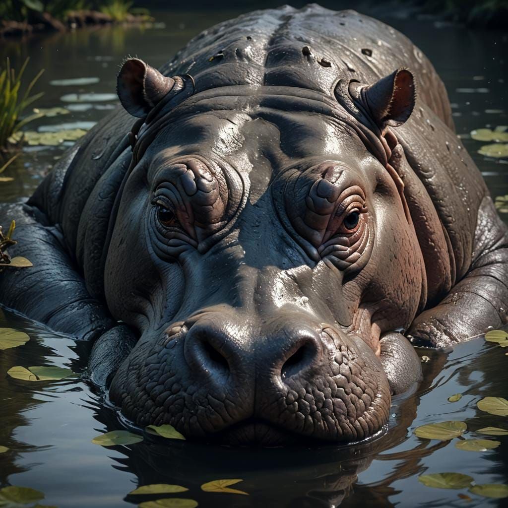 Hippo in Lake: Epic, Detailed Dark Fantasy Art