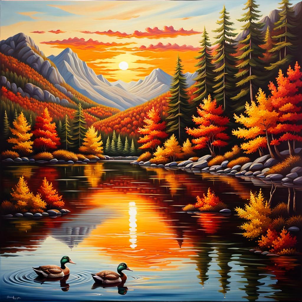 Mountain Lake Ducks in Hyperrealistic Autumn Landscape
