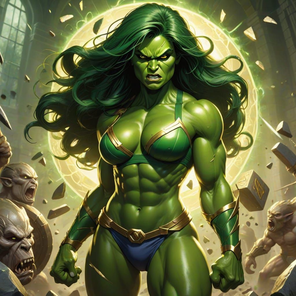 She-Hulk Smashing in Classic D&D Fantasy Style