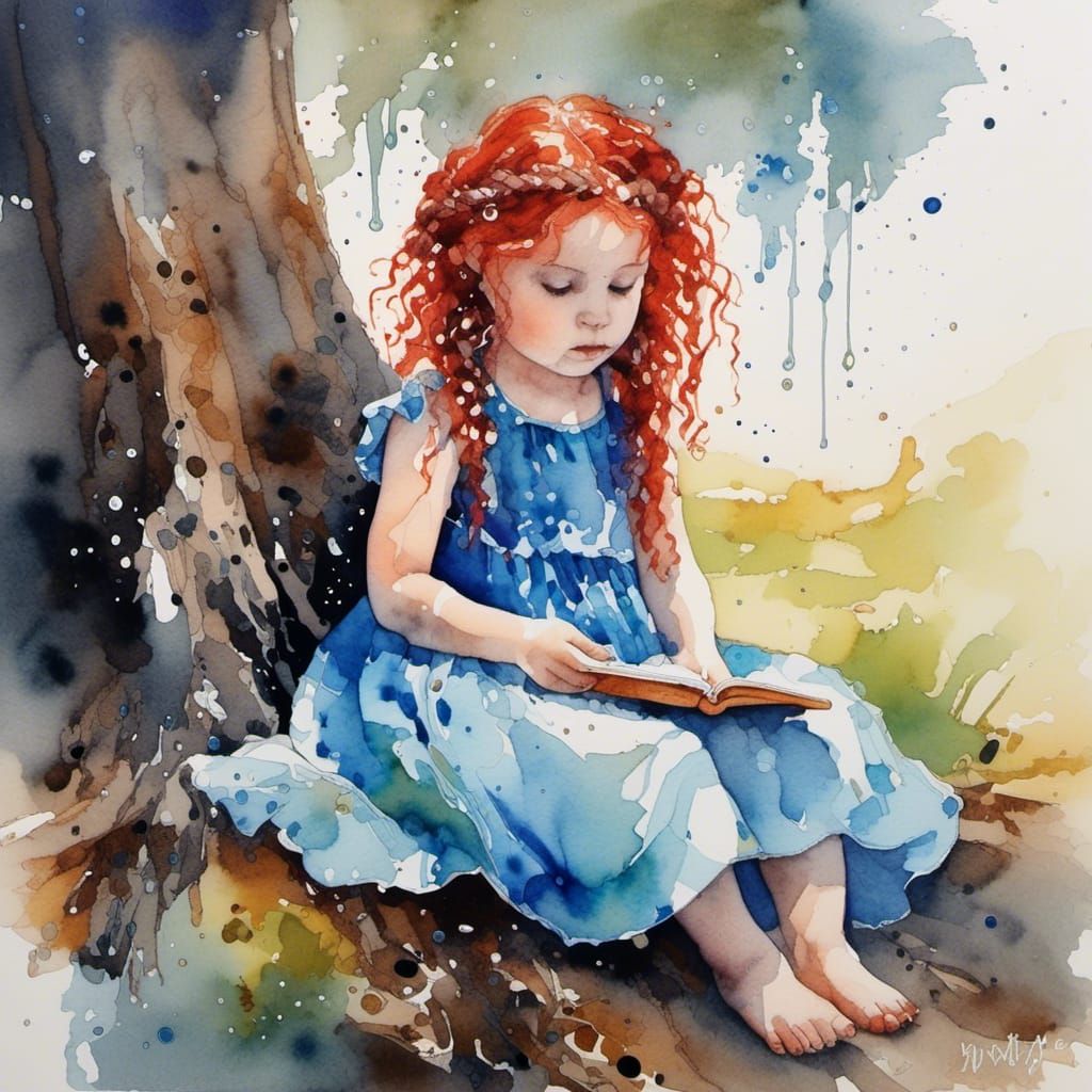 Wet in wet watercolour splash liguid <lora:Dropsplash:1.0> and alcohol ink, toddler girl wet on wet, with red curly hair...
