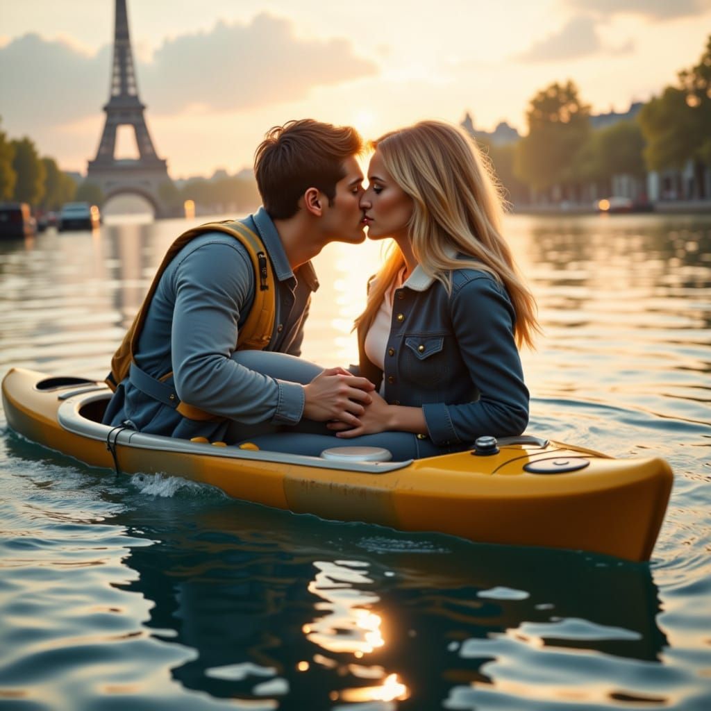 The Kayak Kiss: Romantic Paris Sunrise Scene