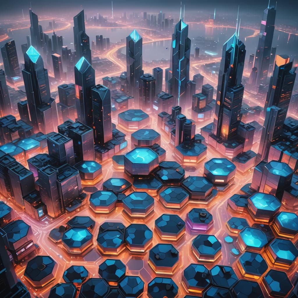 Futuristic Hexagonal Cityscape in Oil Painting Style