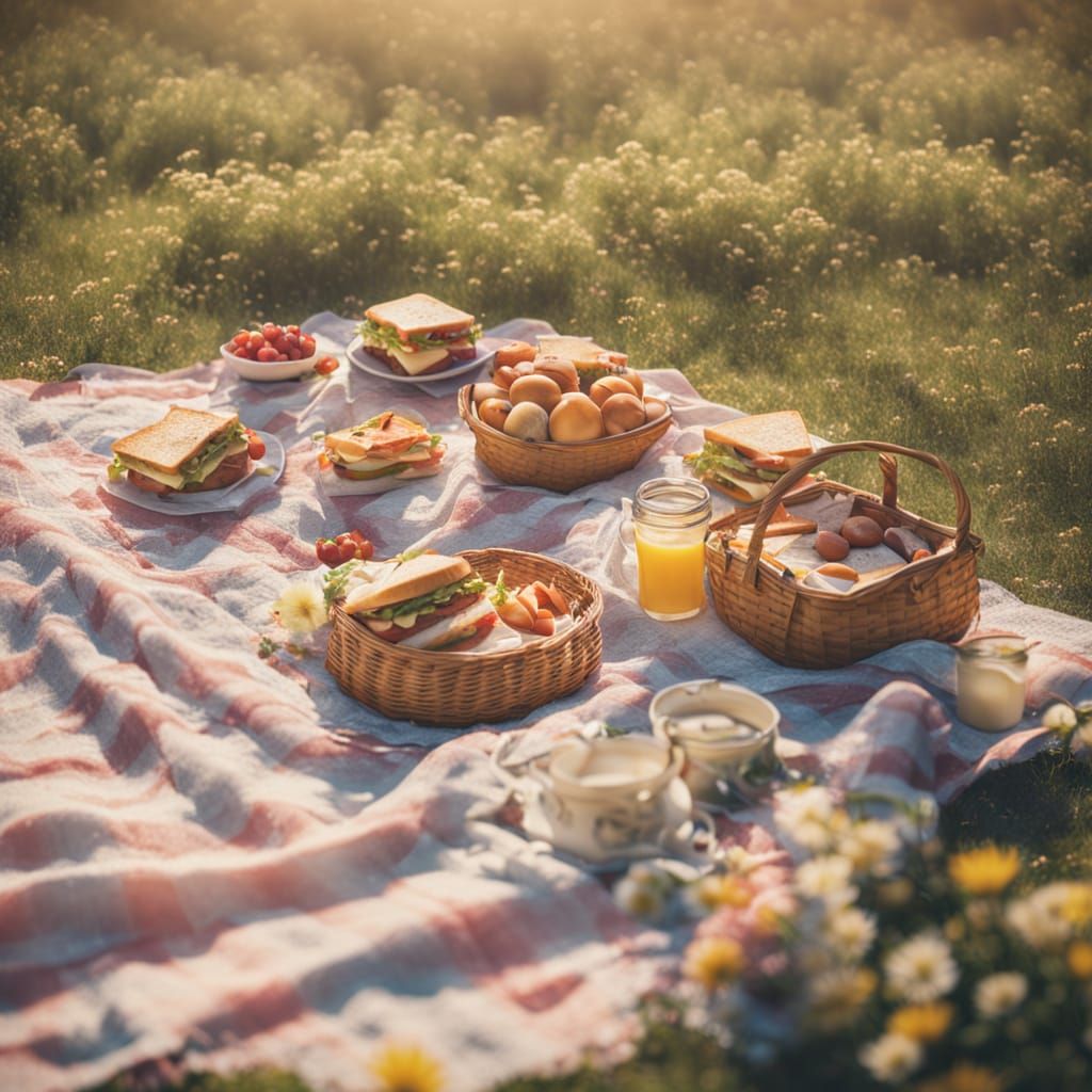Bird's eye view. A picnic blanket is spread out in a sunny field, complete with a basket, sandwiches, and scattered flow...
