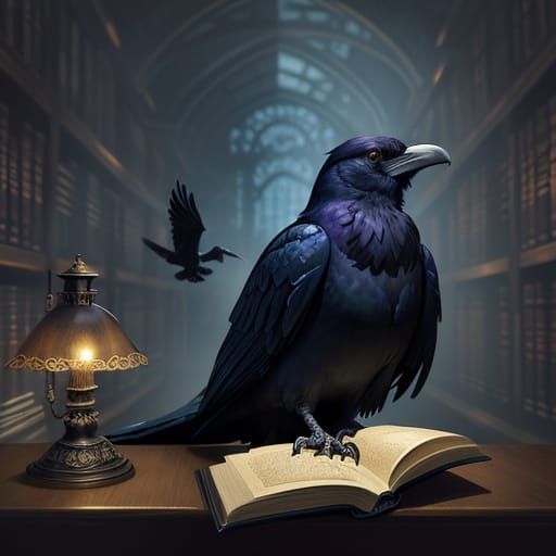 Ravenclaw Student Studying in Library with Raven Companion
