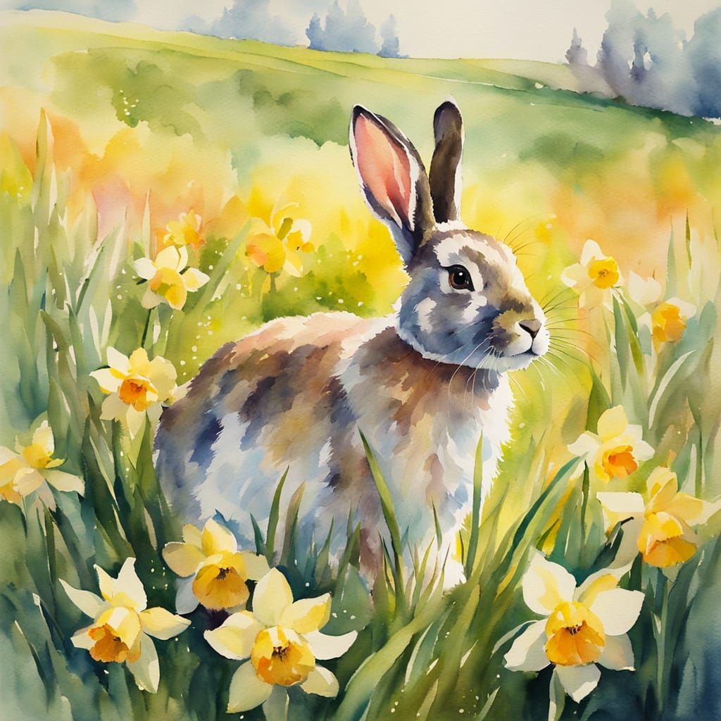 Whimsical Watercolour Bunny in a Daffodil Meadow