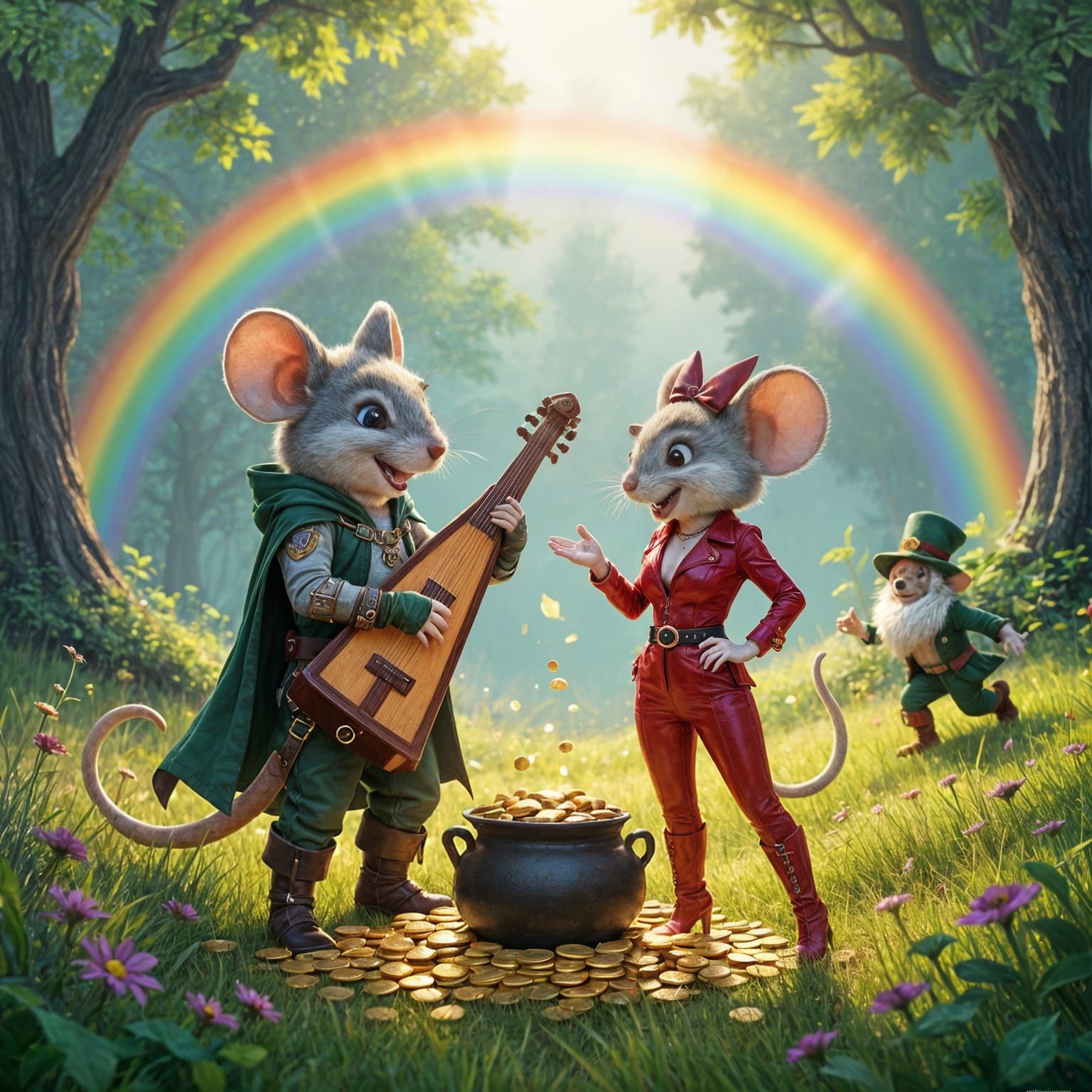 Mice Find Rainbow's End Gold, Humorous Fantasy Art