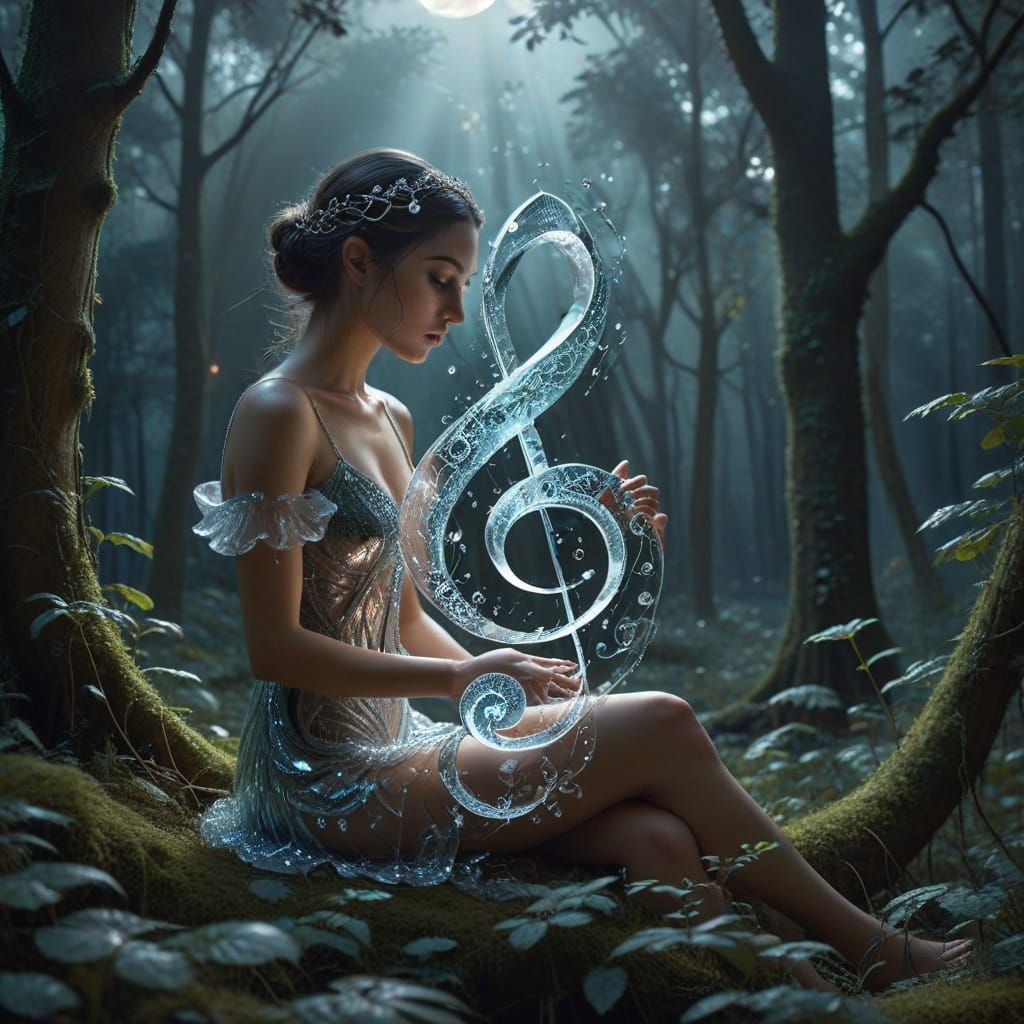 Crystal Music Clef in Moonlit Forest, Art Nouveau Style