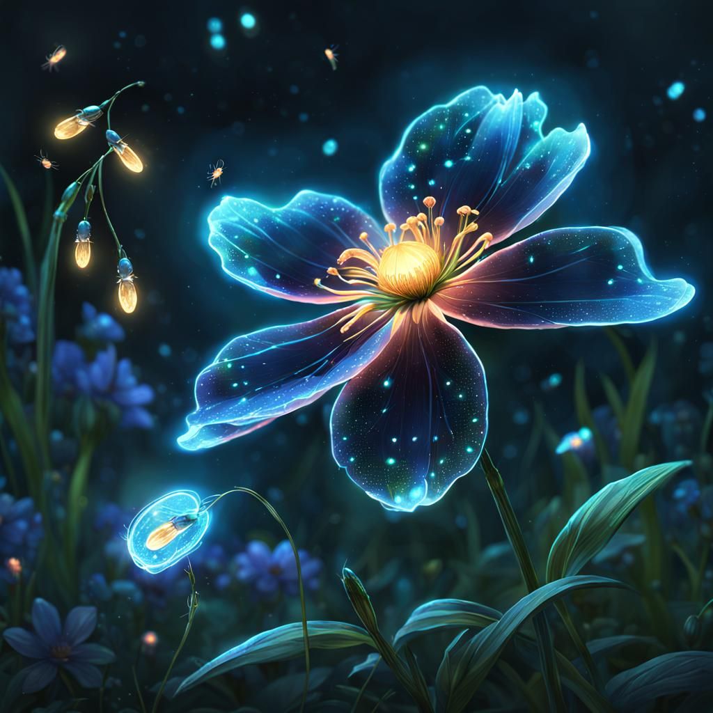 Bioluminescent Midnight Flower with Fireflies