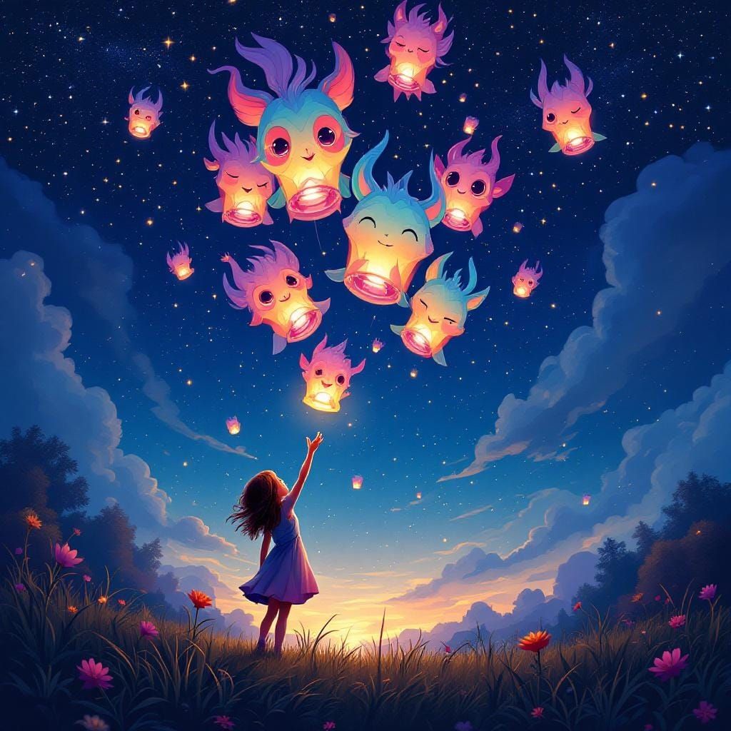 Magical Lanterns Under Starry Sky, Android Jones Style