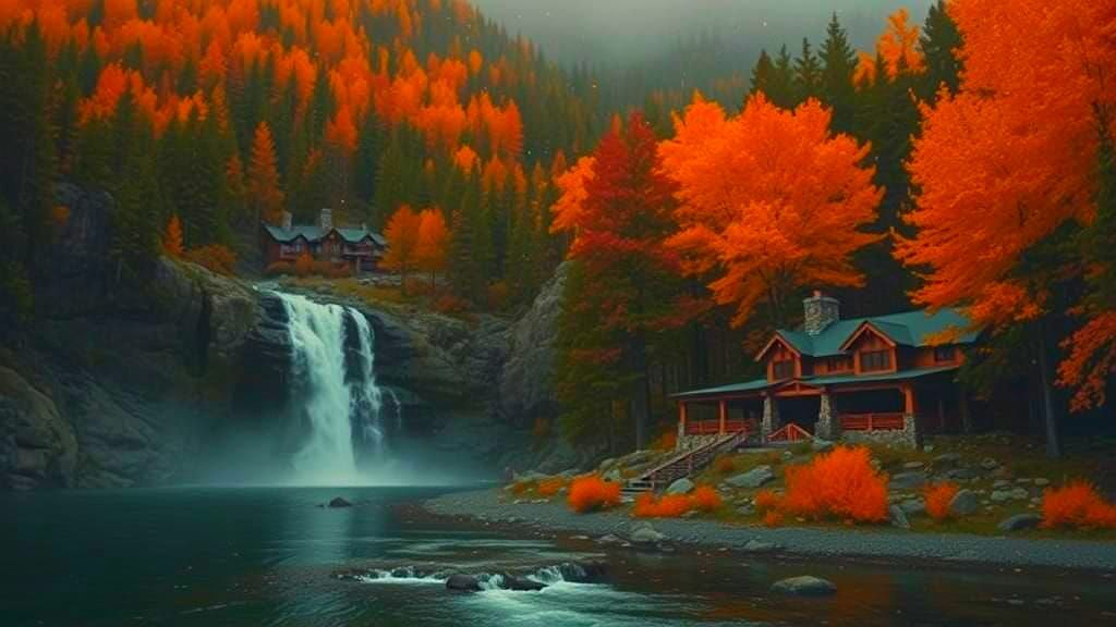 Autumn Lodge by Waterfall Under Stellar Sky