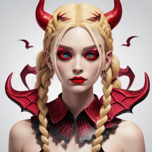 Blonde Braided Demon with Horns and Wings