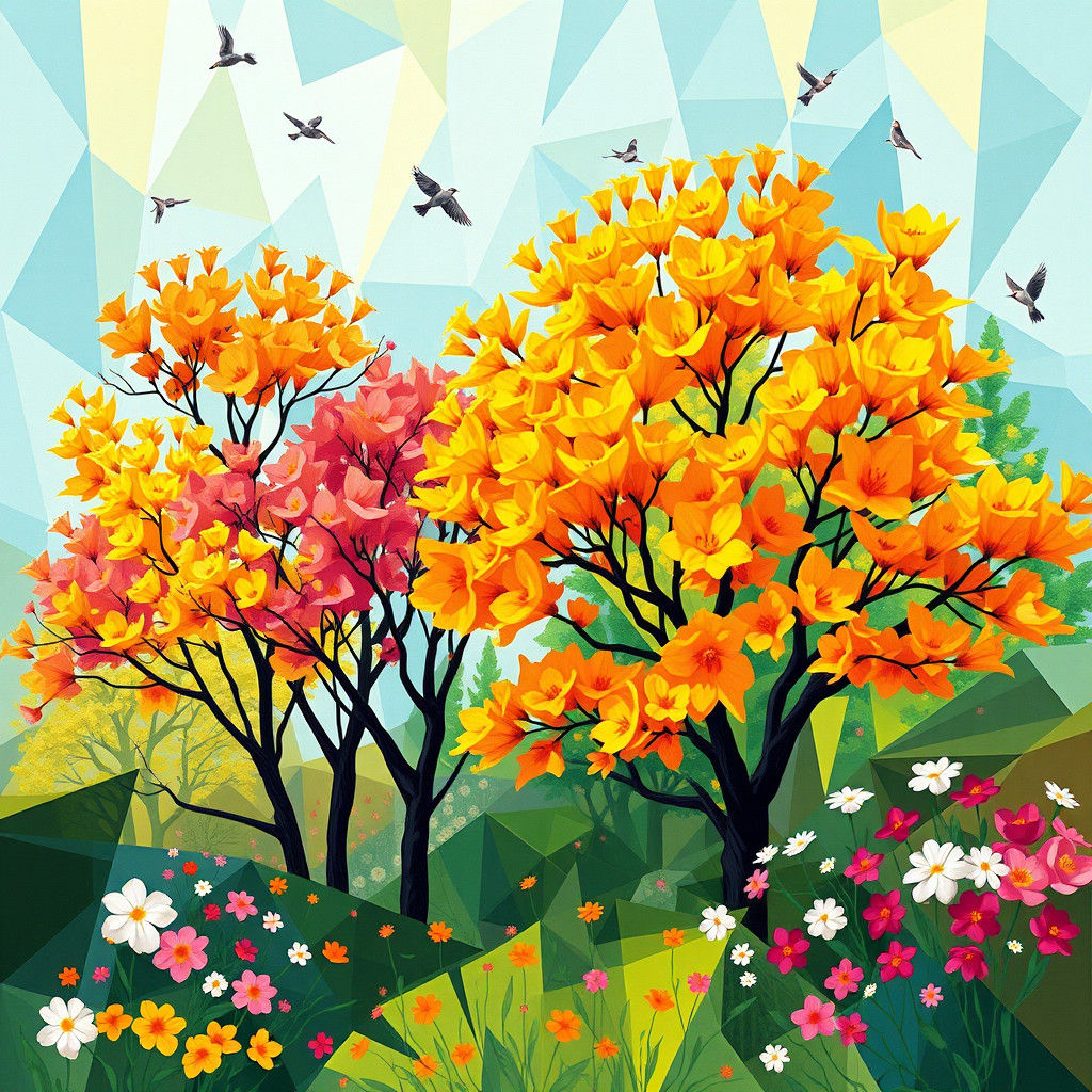 Vibrant Cubist Spring Scene with Blooming Flowers and Birds