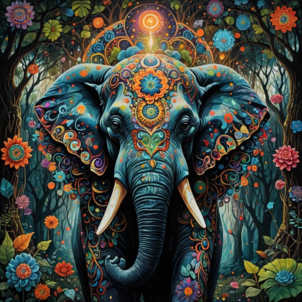 Meditative Elephant Brain in Surreal Psychedelic Forest