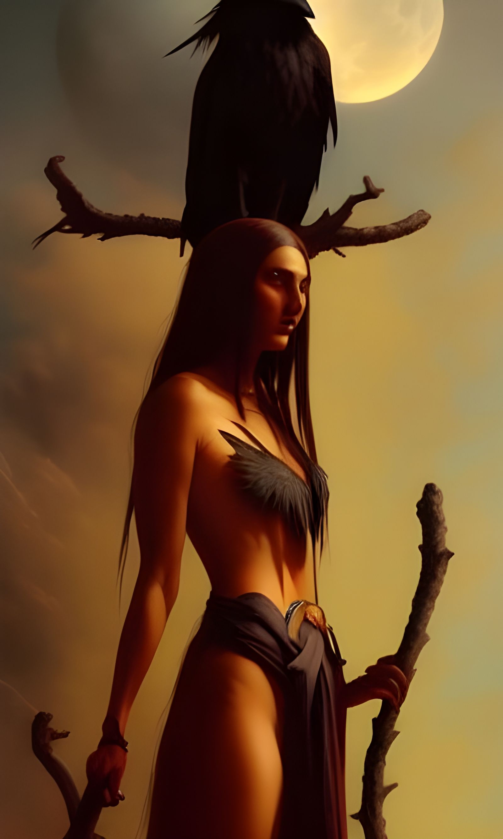 Raven Woman in Moonlit Sky, Dark Fantasy Art