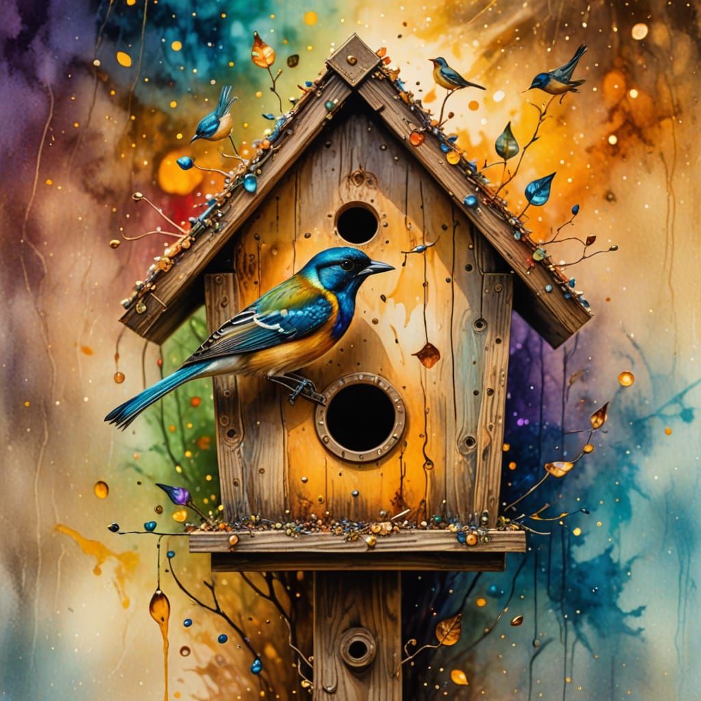 Dreamlike Bird in Birdhouse as Watercolor Painting