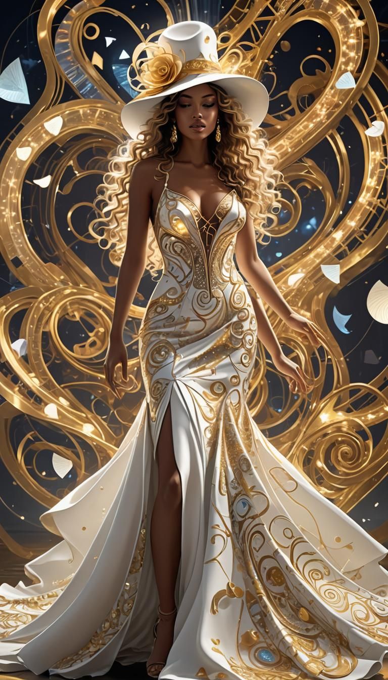 A model in a white flowing dress which swirls into a cello a...