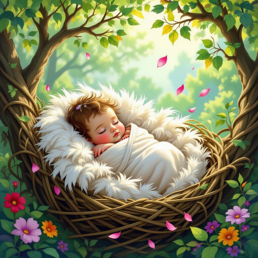 Whimsical Bird-Human Baby in Fantasy Nest