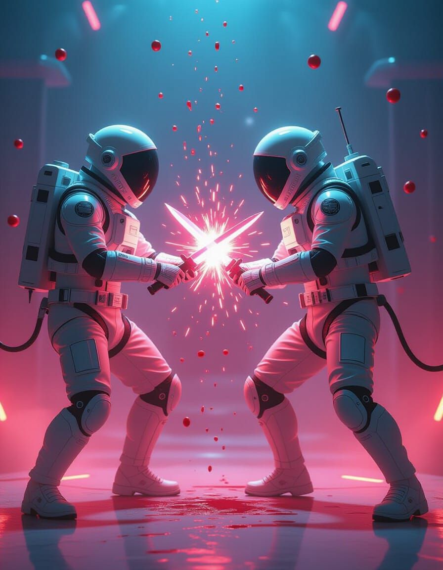 Zero Gravity Astronauts Battle with Glowing Knives